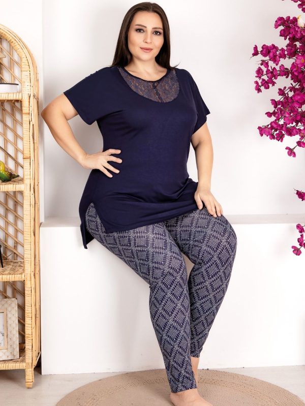 Lady viskon kumaş büyük beden dantel detaylı yaka kısa kollu uzun pijama takımı 10973 - 4XL