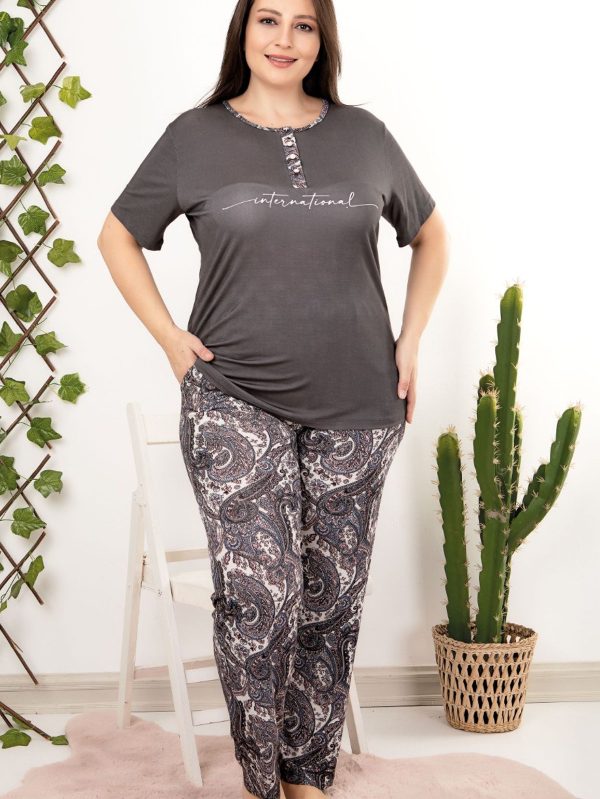 Lady viskon kumaş büyük beden desenli düğmeli yaka kısa kollu uzun pijama takımı 10968 - 3XL