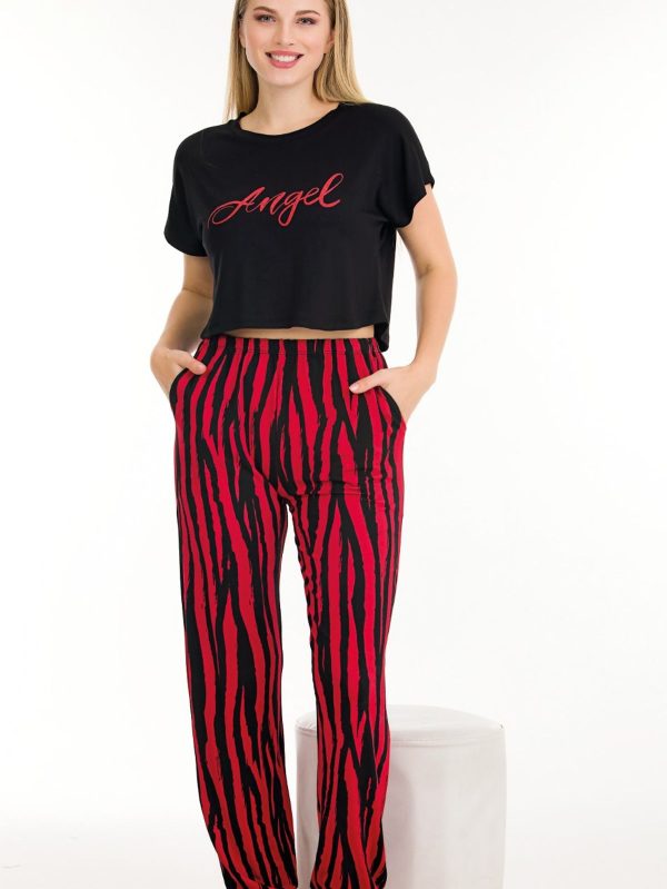 Viskon kumaş lady desenli normal beden bisiklet yaka kısa kol tişört pijama takımı 12559 - L