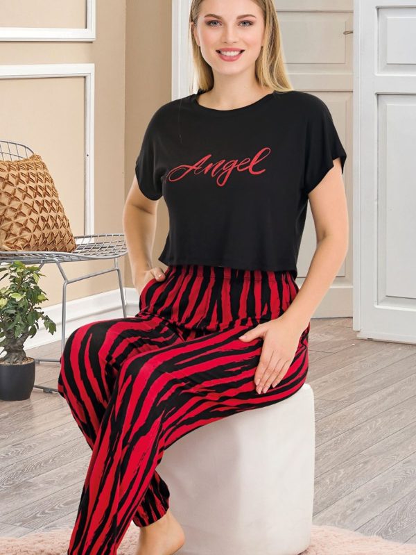 Viskon kumaş lady desenli normal beden bisiklet yaka kısa kol tişört pijama takımı 12559 - Görsel 2