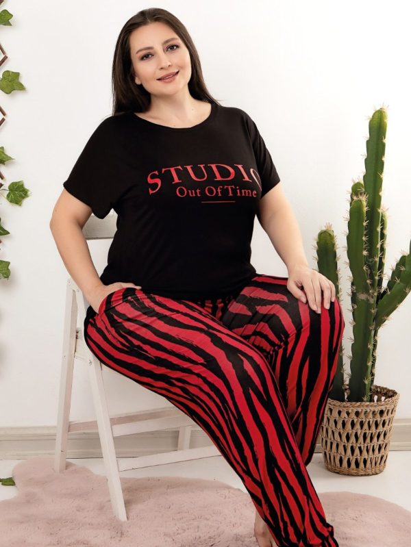 Lady viskon kumaş büyük beden desenli kısa kollu uzun pijama takımı 10958 - 4XL