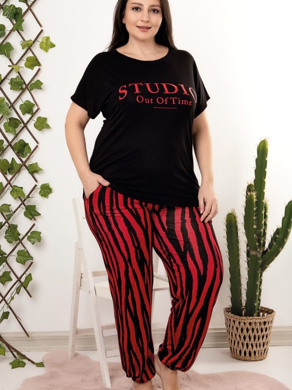 Lady viskon kumaş büyük beden desenli kısa kollu uzun pijama takımı 10958 - Görsel 2