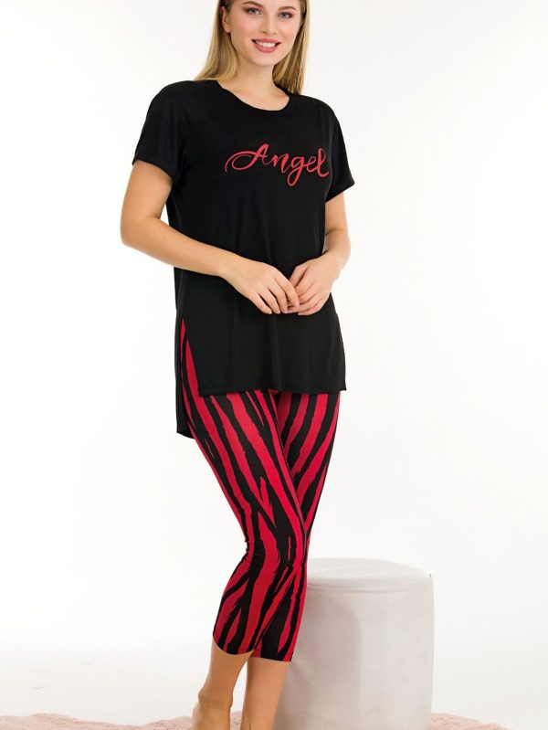 Viskon kumaş desenli kısa kollu rahat kesim kapri pijama takımı 12052 - XL