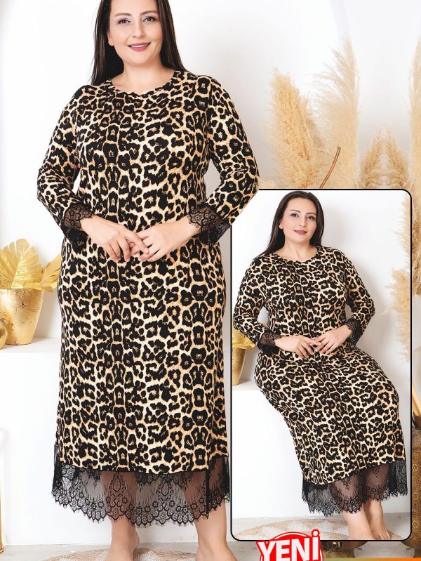 Büyük Beden Viskon Kumaş Anne Beden Elbise Dantelli Leopar Desenli Gecelik Elbise Battal Beden 7284 - 4XL