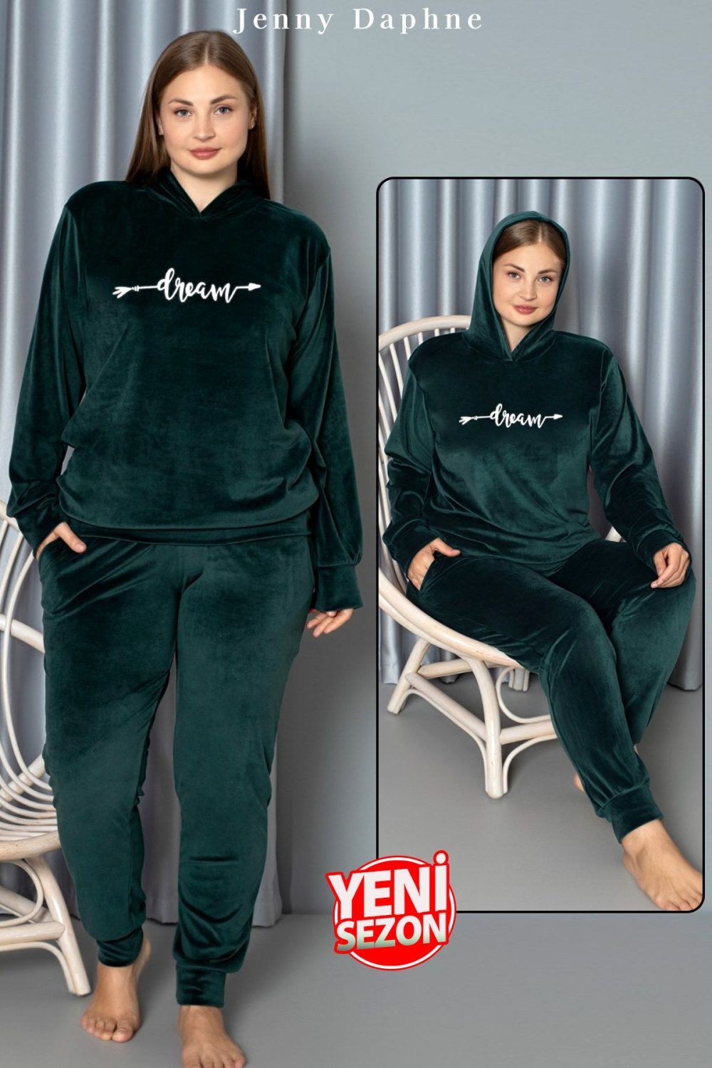 Yumuşak Dokulu Koyu Yeşil Renkli Kapşonlu Fransız Kadife Pijama Takımı