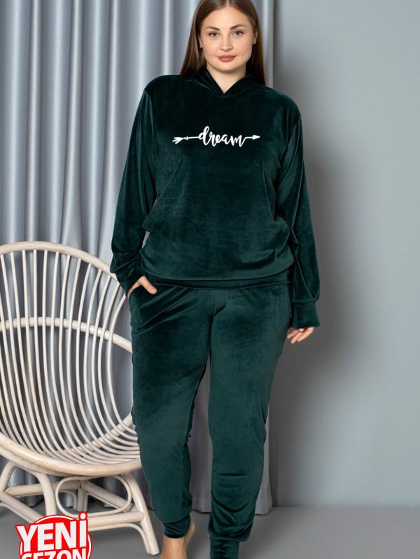 Yumuşak Dokulu Koyu Yeşil Renkli Kapşonlu Fransız Kadife Pijama Takımı - Görsel 2