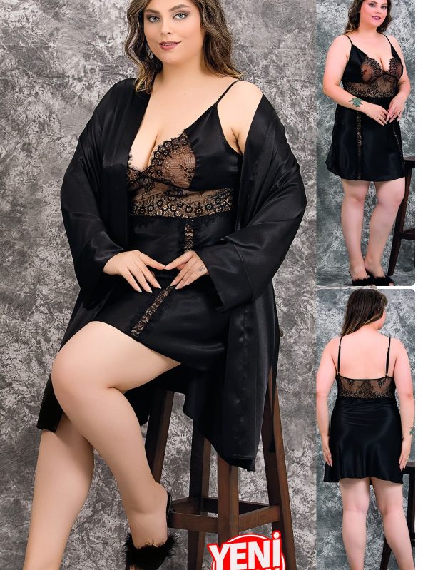 Dantelli Büyük Beden Uzun Gecelik ve Sabahlık Takımı - 4XL