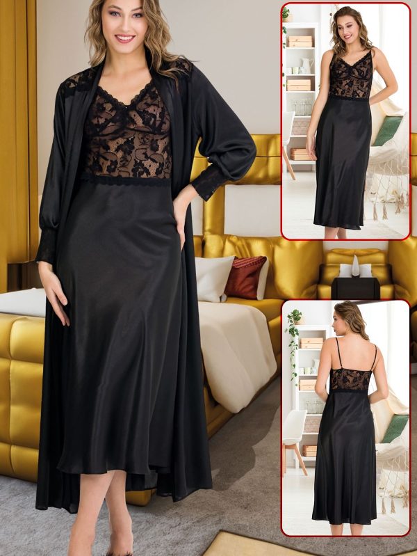 2 li Lady uzun kollu siyah renkli tantel detaylı saten sabahlık takımı 15209 - XL