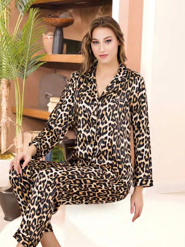 Leopar Desenli Saten Uzun Pijama Takımı 15079 - S
