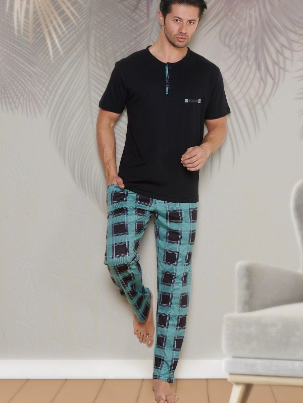 erkek düğmeli yaka tişört ve uzun pijama takımı fapi-7205 - M