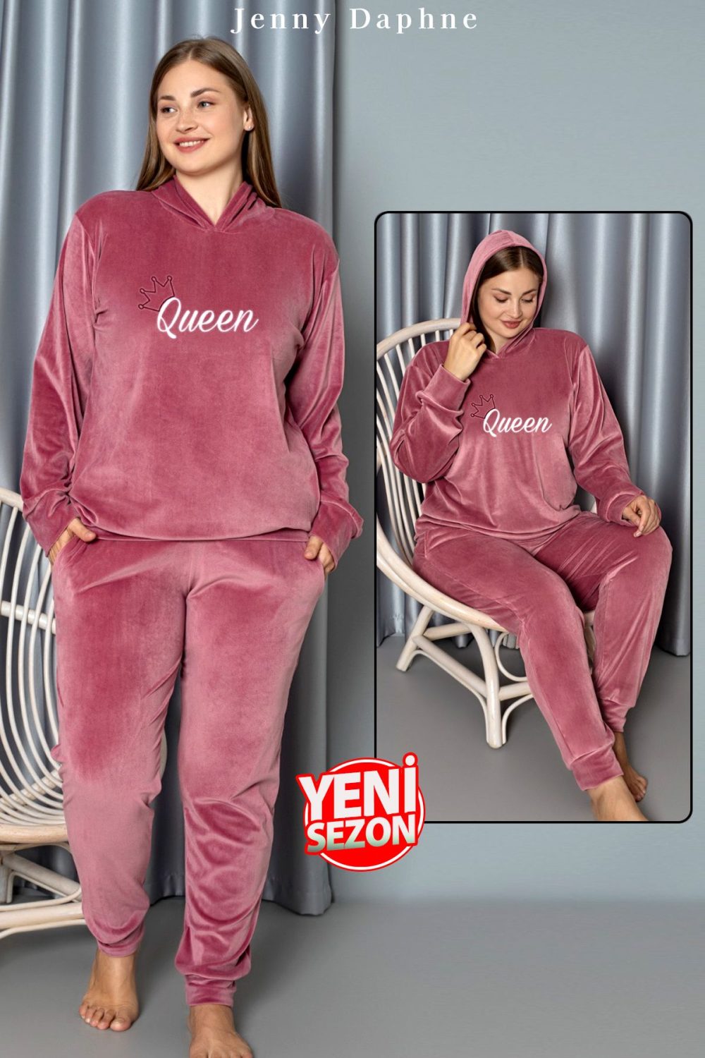 Yumuşak Dokulu Bembe Renkli Kapşonlu Fransız Kadife Pijama Takımı