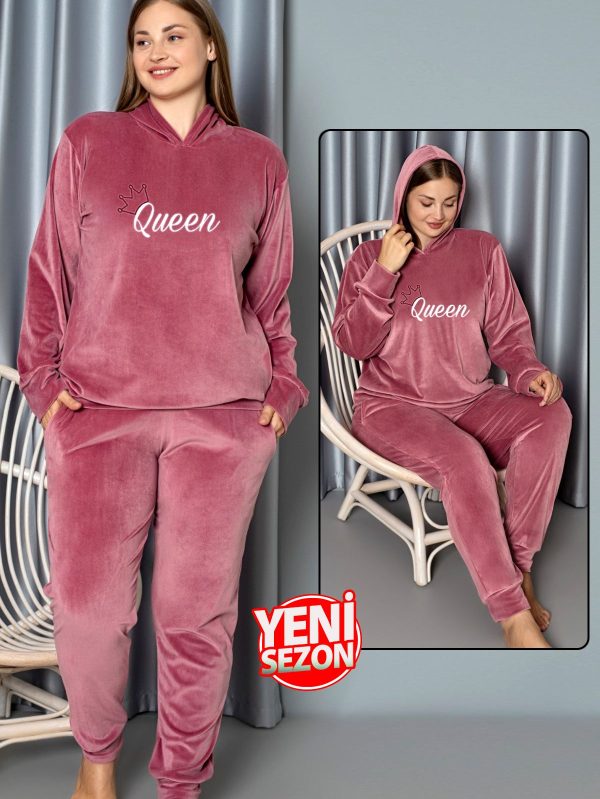 Yumuşak Dokulu Bembe Renkli Kapşonlu Fransız Kadife Pijama Takımı