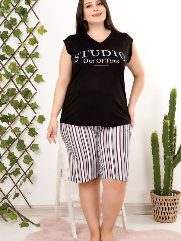Lady Büyük Beden Siyah Çizgili Sıfır Kollu Şortlu Pijama Takımı 10442 - Görsel 2