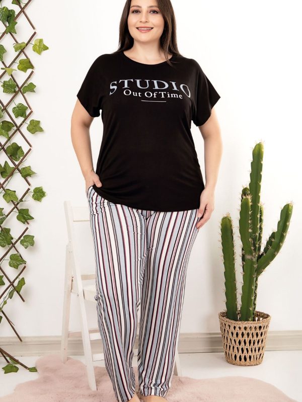 Çizgi desenli kısa kol simit yaka viskon kumaş pijama takımı lady-10951 - 4XL