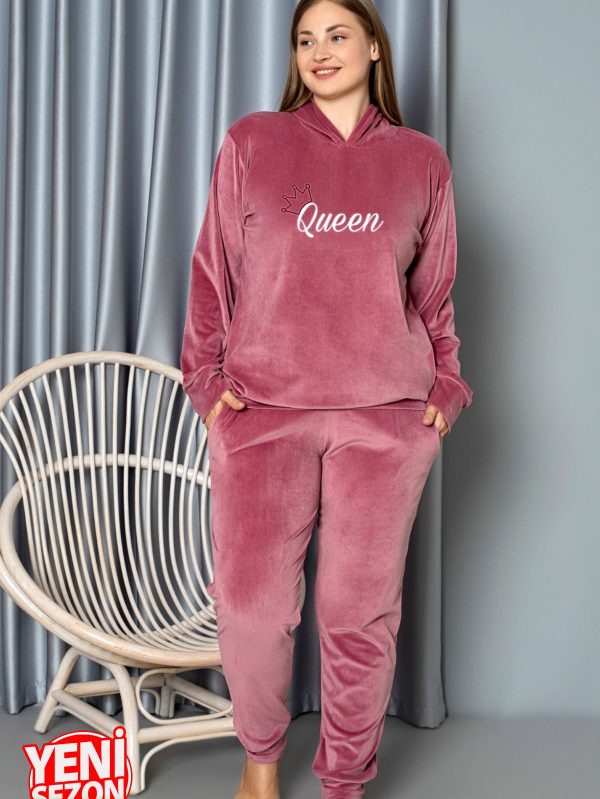 Yumuşak Dokulu Bembe Renkli Kapşonlu Fransız Kadife Pijama Takımı - Görsel 3