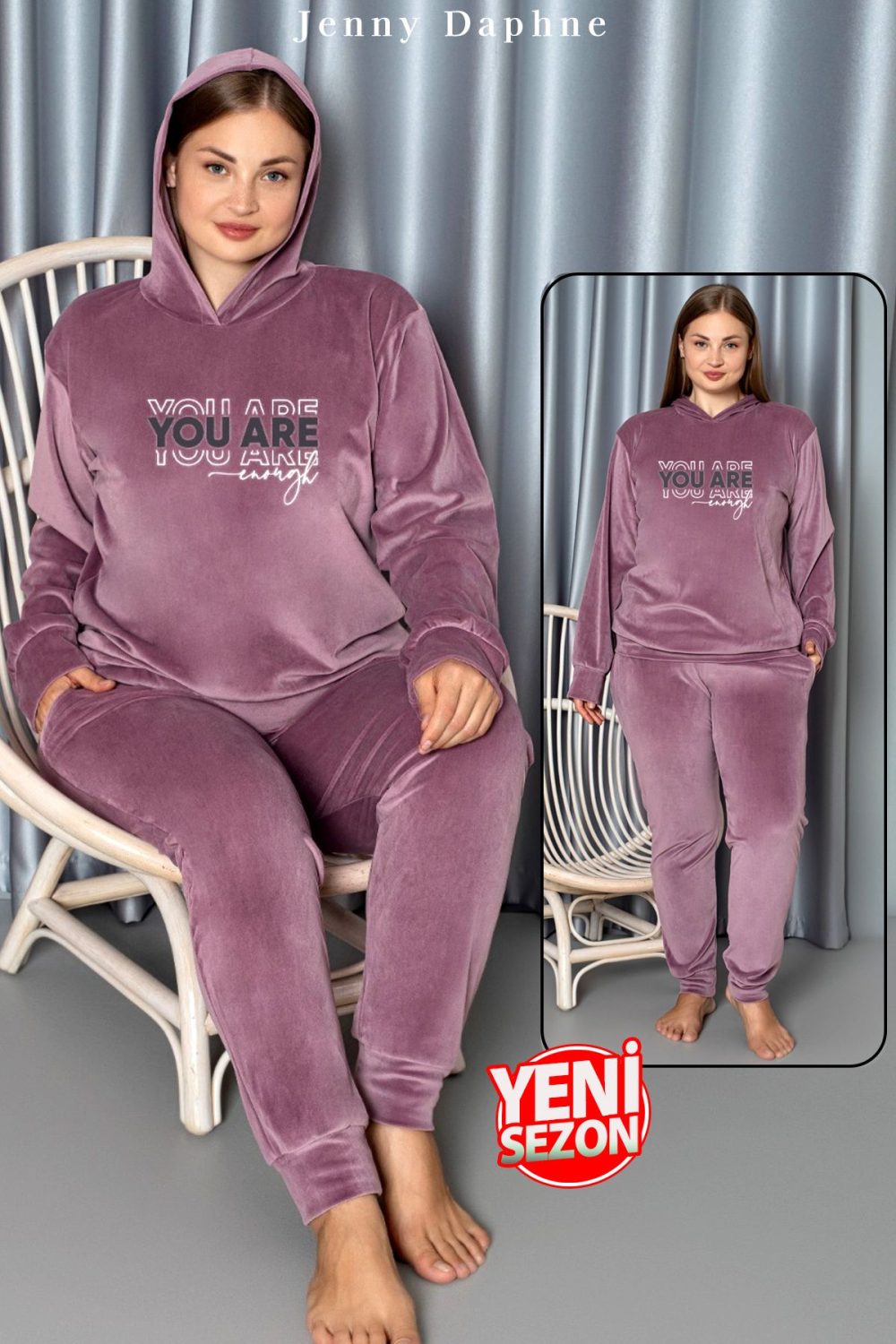 Yumuşak Dokulu Eflatun Renkli Kapşonlu Fransız Kadife Pijama Takımı
