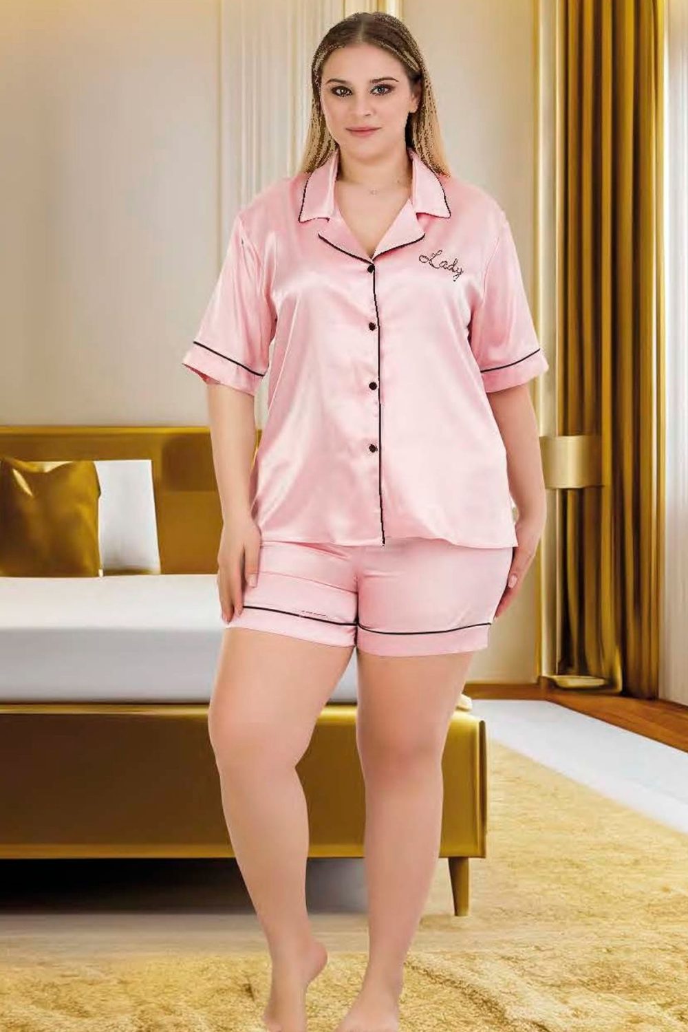 lady büyük beden Pembe renk saten düz şortlu takım 16001 - Görsel 2