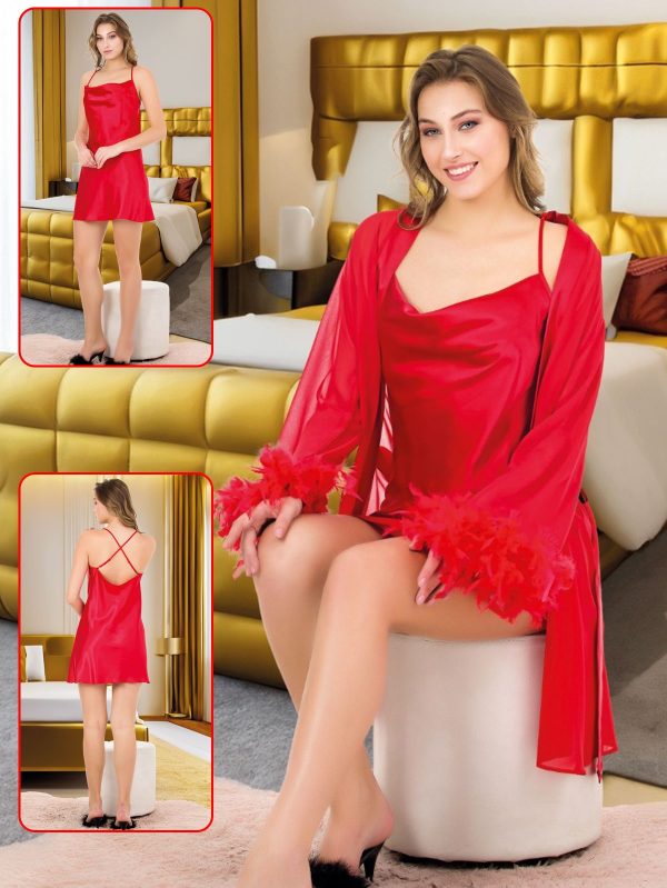 2 li Lady uzun kollu kırmızı renkli kolları tüylü saten sabahlık takımı 15226 - L
