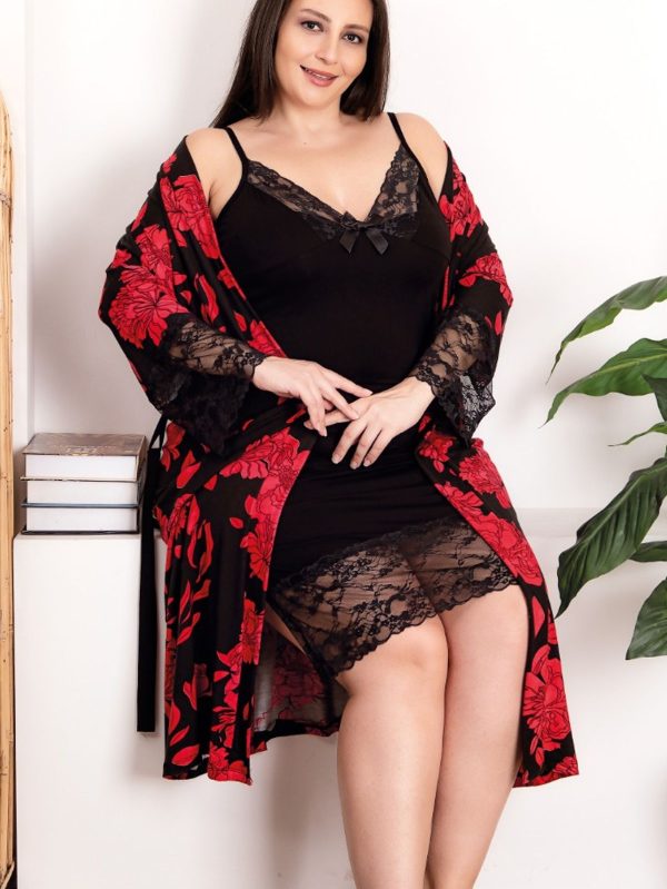 Lady Çiçek Desenli Viskon Kumaş Gecelik Sabahlık Takımı 19212 - 4XL