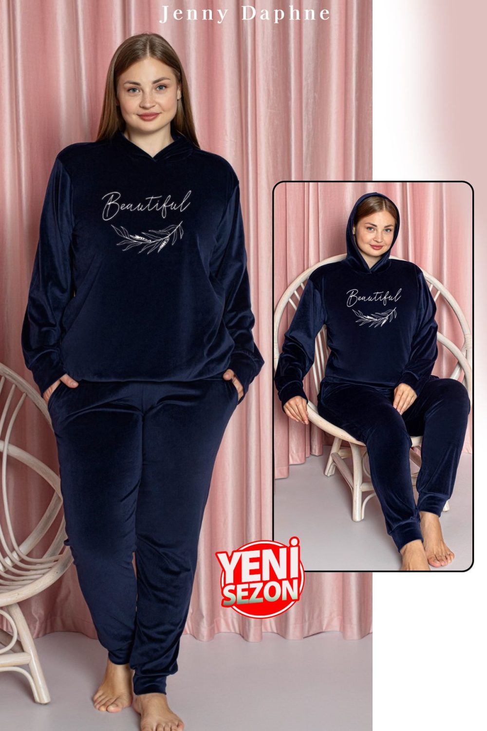Yumuşak Dokulu Lacivert Renkli Kapşonlu Fransız Kadife Pijama Takımı