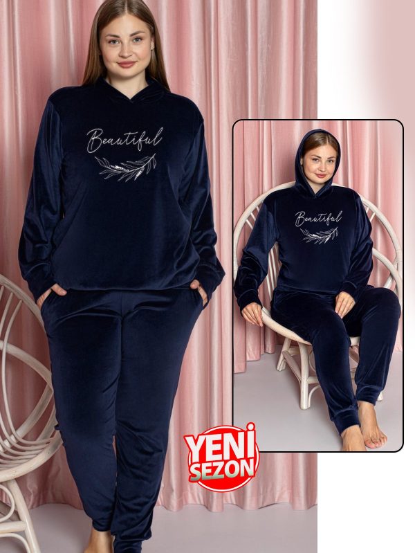 Yumuşak Dokulu Lacivert Renkli Kapşonlu Fransız Kadife Pijama Takımı - 5XL