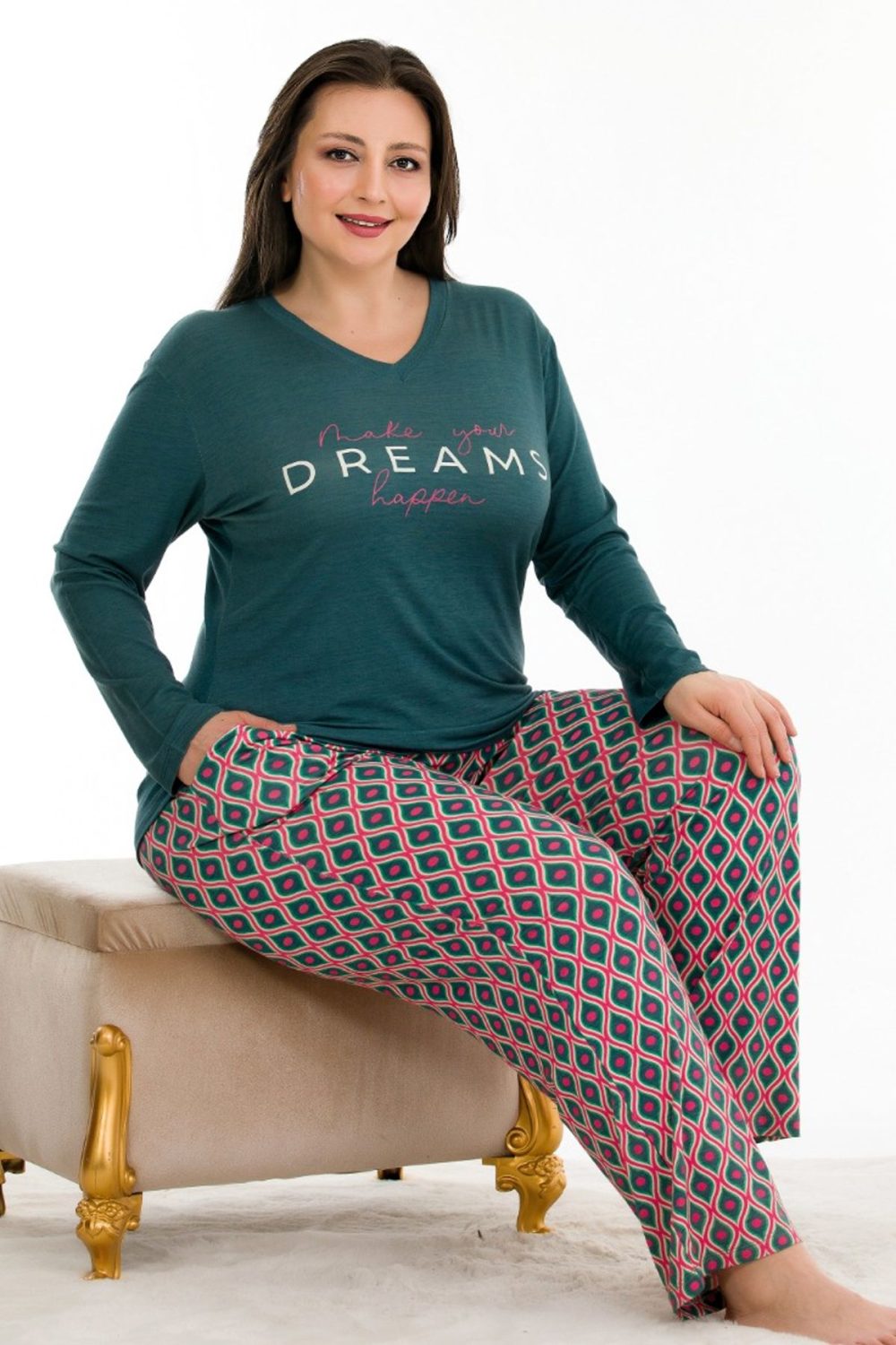 Desenli Yumuşacık Pijama Uzun Kollu Büyük Beden Viskon Kumaş Pijama Takımı 11359 - Görsel 2