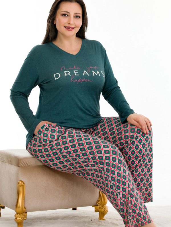 Desenli Yumuşacık Pijama Uzun Kollu Büyük Beden Viskon Kumaş Pijama Takımı 11359 - Görsel 2