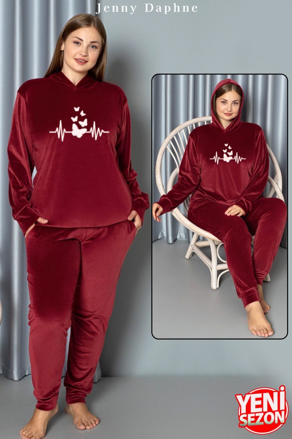 Yumuşak Dokulu Kırmızı Renkli Kapşonlu Fransız Kadife Pijama Takımı