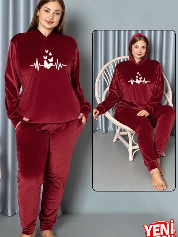 Yumuşak Dokulu Kırmızı Renkli Kapşonlu Fransız Kadife Pijama Takımı - 4XL