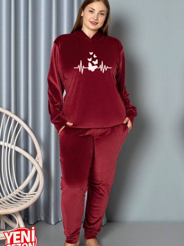 Yumuşak Dokulu Kırmızı Renkli Kapşonlu Fransız Kadife Pijama Takımı - Görsel 2