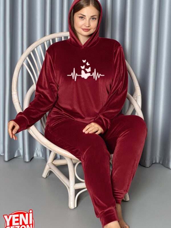 Yumuşak Dokulu Kırmızı Renkli Kapşonlu Fransız Kadife Pijama Takımı - Görsel 3