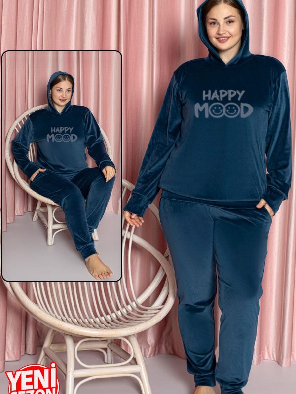 Yumuşak Dokulu Mavi Renkli Kapşonlu Fransız Kadife Pijama Takımı - 4XL