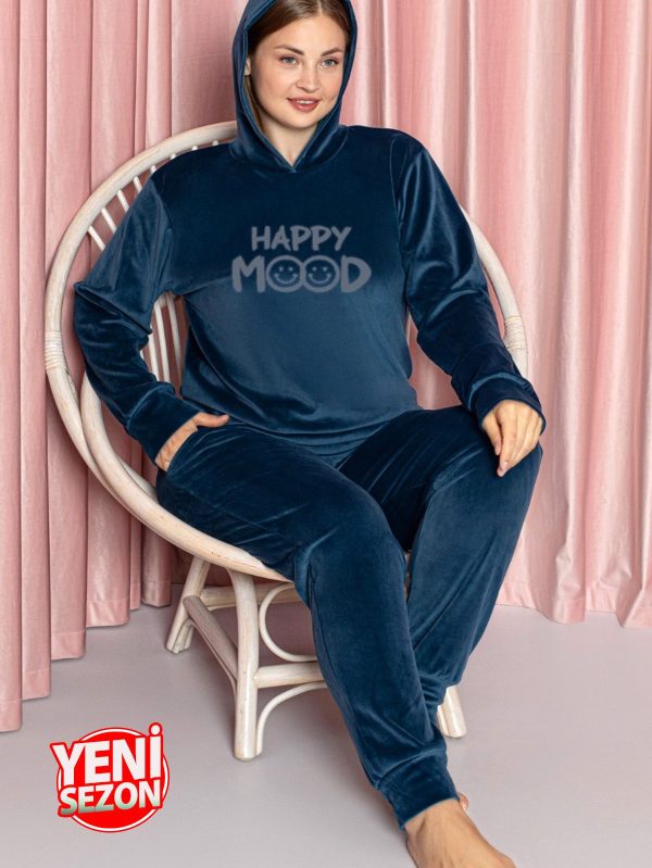 Yumuşak Dokulu Mavi Renkli Kapşonlu Fransız Kadife Pijama Takımı - Görsel 2