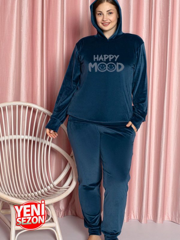 Yumuşak Dokulu Mavi Renkli Kapşonlu Fransız Kadife Pijama Takımı - Görsel 3