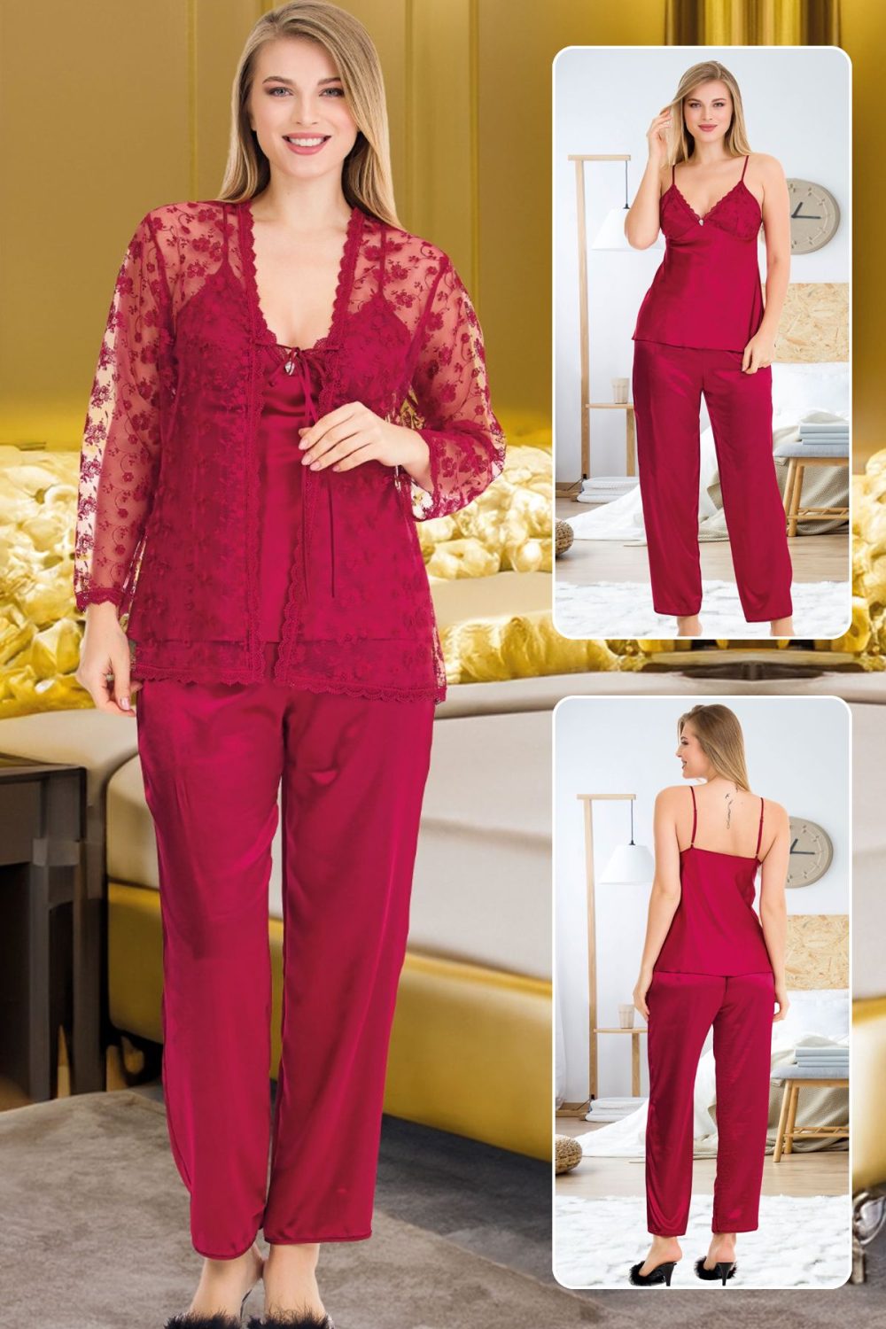 Lady Saten 3lü Pijama Brode Sabahlık Takımı