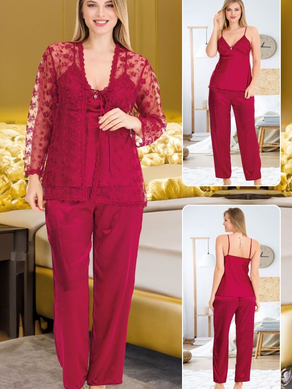Lady Saten 3lü Pijama Brode Sabahlık Takımı - L