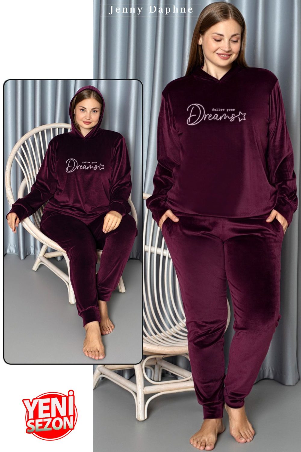 Yumuşak Dokulu Mürdüm Renkli Kapşonlu Fransız Kadife Pijama Takımı