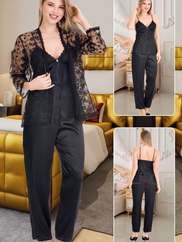 Lady Saten 3lü Pijama Brode Sabahlık Takımı - S