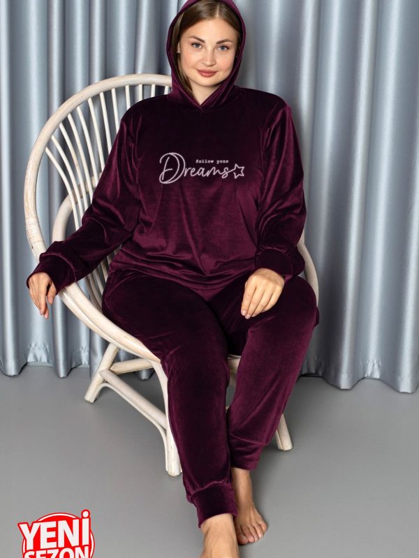 Yumuşak Dokulu Mürdüm Renkli Kapşonlu Fransız Kadife Pijama Takımı - Görsel 3