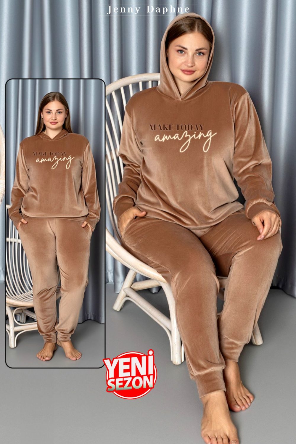 Yumuşak Dokulu Bal Köpüğü Renkli Kapşonlu Fransız Kadife Pijama Takımı