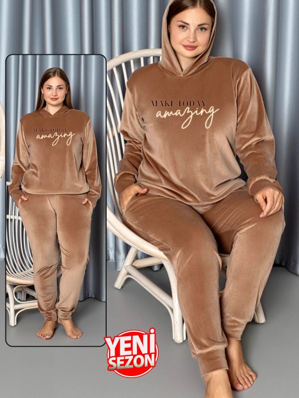 Yumuşak Dokulu Bal Köpüğü Renkli Kapşonlu Fransız Kadife Pijama Takımı - 5XL