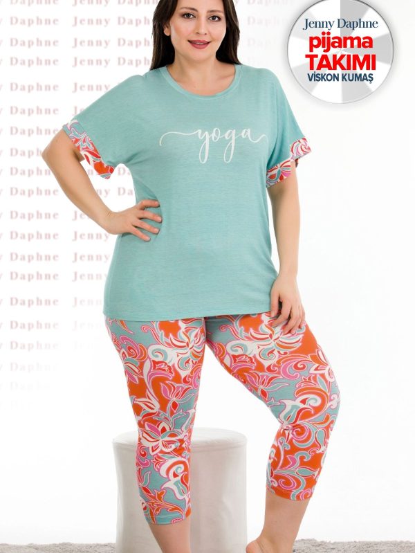 Büyük Beden Desenli Kısa Kol Viskon Kumaş Kapri Pijama Takımı Lady-10685 - 4XL