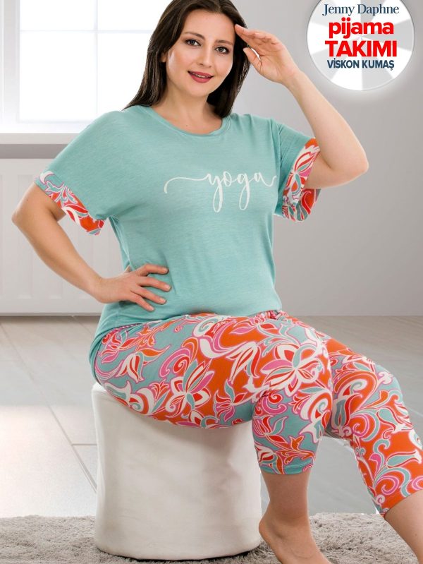 Büyük Beden Desenli Kısa Kol Viskon Kumaş Kapri Pijama Takımı Lady-10685 - Görsel 2