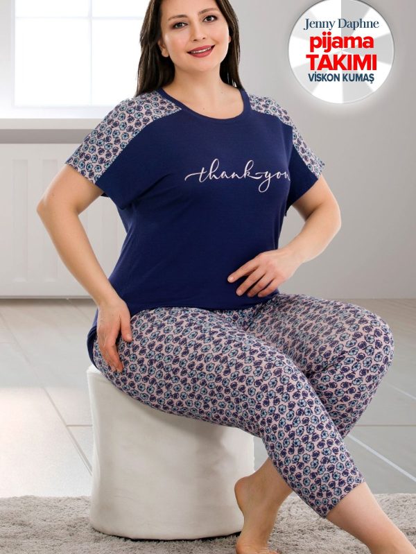 Büyük Beden Desenli Kısa Kol Viskon Kumaş Kapri Pijama Takımı Lady-10682 - Görsel 2