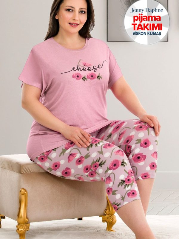 Büyük Beden Desenli Kısa Kol Viskon Kumaş Kapri Pijama Takımı Lady-10681 - Görsel 2