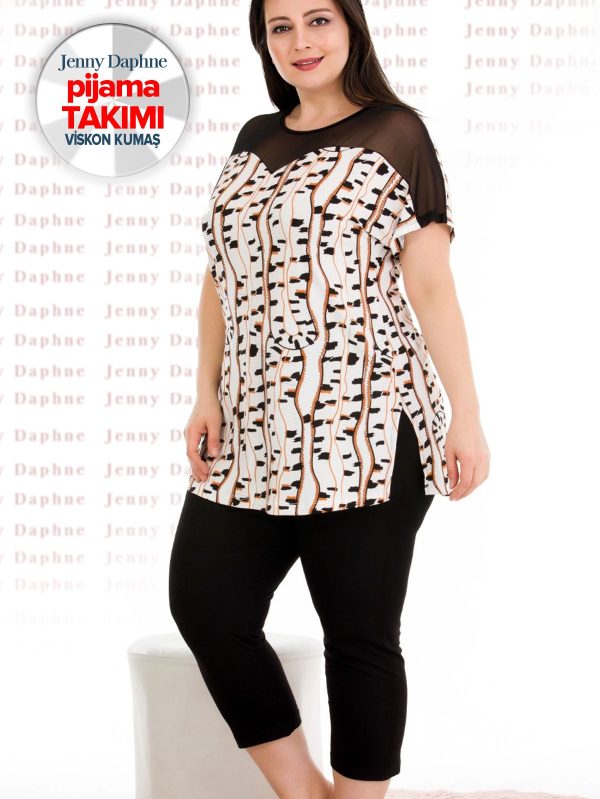Büyük Beden Desenli Kısa Kol Viskon Kumaş Kapri Pijama Takımı Lady-10675 - 2XL