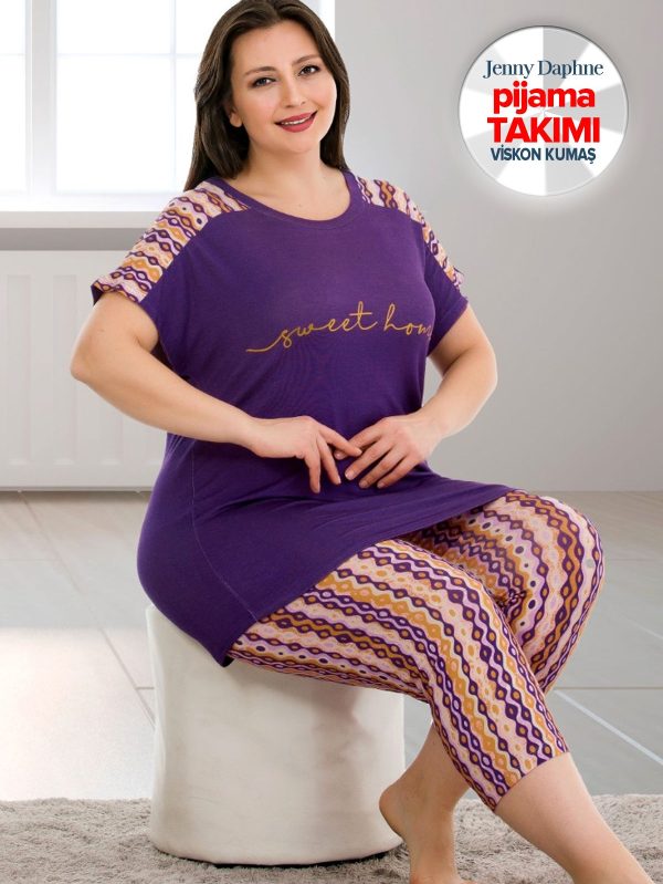 Büyük Beden Desenli Kısa Kol Viskon Kumaş Kapri Pijama Takımı Lady-10671 - Görsel 2