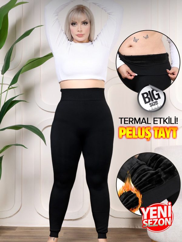 Bileği Saran Özel Bant İç Yüzeyi Peluşlu Dikişsiz Büyük Beden Termal Tayt - 3XL