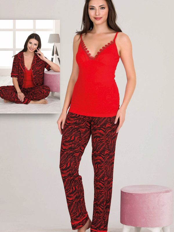 Kırmızı Viskon Kumaş Kısa Kollu Gömlekli Ve Askılı 3 Lü Pijama Takımı 20016 - Görsel 2