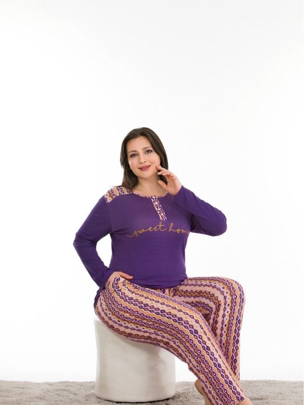Mor Renk ve Çiçek Desenli Lady 11354 Kadın Uzun Kol Büyük Beden Pijama Takımı - Görsel 2
